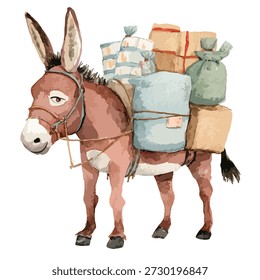 Burro marrom carregando uma carga pesada de pacotes e sacos, representando o transporte tradicional e trabalho duro. Ideal para conceitos de viagem ou entrega.