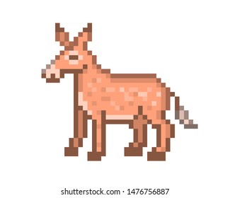 Brown donkey, pixel art pack animal character isolated on white background. 8 bit mule icon. Old school vintage retro slot machine/video game graphics.