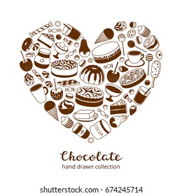 Brown doodle chocolate and cocoa products, sweets, desserts, cakes, fruits composed in heart shape.