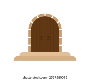 Porta marrom com alças e degraus da fechadura. Desenho animado de cor plana e estilo simples. Fundo branco. Ilustração vetorial para design de conto de fadas.