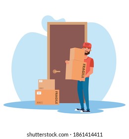Puerta marrón con hombre y cajas entrega rápido icono- Vector