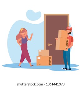 Puerta marrón con hombre y cajas entrega rápido icono- Vector