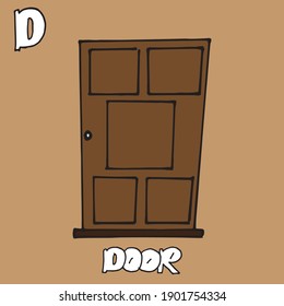 brown door on brown background. door-hand drawn lettering. door vector illustration. D-alphabet, english for kids. card design for preschool. hand drawn vector. doodle for education, poster. 