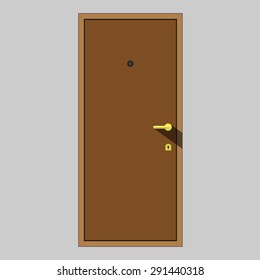 Brown door with a peephole, yellow handle and keyhole