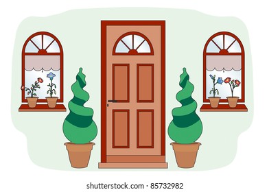 Brown door with shrubs
