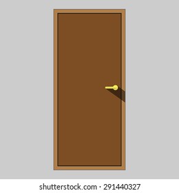Brown door with the yellow handle in a flat style