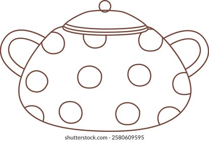 Brown dotted teapot featuring a lid and handles, serving hot beverages with a simple line drawing style on a clean white background, perfect for cozy kitchen settings