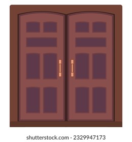 Brown double doors with door knobs isolated on white background. Vector clipart.