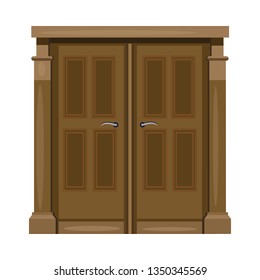 Brown double front door with handles. Hall, facade, entrance. Vector illustration can be used for topics like exterior, architecture, building