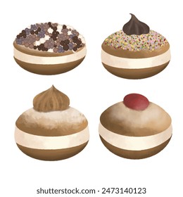 Colecciones dibujadas a mano de rosquilla marrón para el diseño de panadería