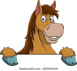 Brown Draft Horse Cartoon Mascot Character Over A Sign. Vector Hand Drawn Illustration Isolated On Transparent Background