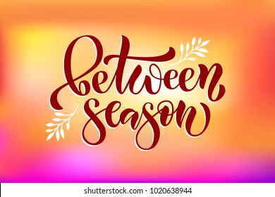 Brown drawn art illustration of logotype "Between Season" on orange and red blurred background with branches for Print, card, Magazine, Sale, Shop, catalog. Vector calligraphy text for clearance sale