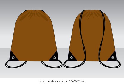 Brown Drawstring Bag Design With Black Rope Vector For Template.Front And Back Views.