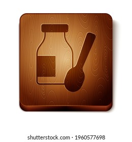 Brown Drinking yogurt in bottle with spoon icon isolated on white background. Wooden square button. Vector
