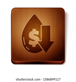 Brown Drop in crude oil price icon isolated on white background. Oil industry crisis concept. Wooden square button. Vector Illustration