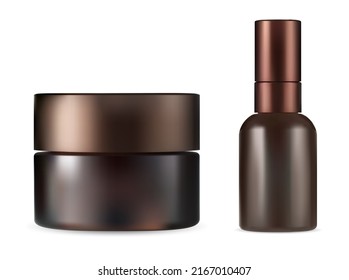 Brown dropper bottle, cosmetic jar mockup, vector blank. Essential oil flask, eye drop nasal product tube. Cosmetic cream jar, premium slin care product clear package with cap