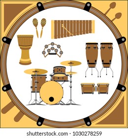 Brown drum and percussion musical instruments set vector illustration