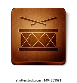 Brown Drum with drum sticks icon isolated on white background. Music sign. Musical instrument symbol. Wooden square button. Vector Illustration