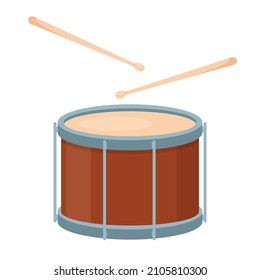 Brown drum and wooden drumsticks isolated on white background. Drums icon musical instrument. Vector illustration in flat cartoon style.