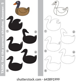 Brown Duck with different shadows to find the correct one, compare and connect object with it true shadow, the educational kid game with simple gaming level.