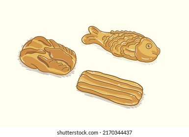 Brown duck and fish shape bread offering for Taiwanese festival in cute flat art illustration vector design