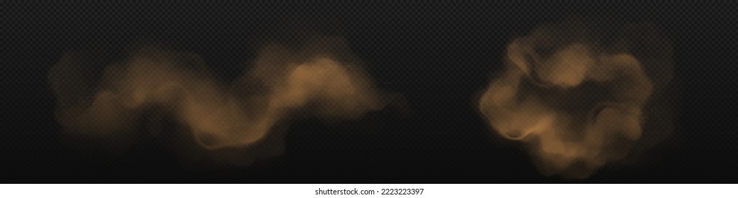 Brown dust clouds with sand and dirt particles isolated on black background. Texture of powder splashes and flows. Abstract smoke and dust splatters, vector realistic set