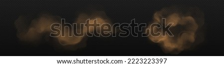 Brown dust clouds with sand and dirt particles isolated on black background. Texture of powder splashes and flows. Abstract smoke and dust splatters, vector realistic set