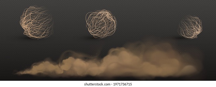 Brown dust clouds and tumbleweed, dry weed balls isolated on transparent background. Vector realistic set of flow desert sand and rolling dry bushes, dead plants, old tumble grass in prairie