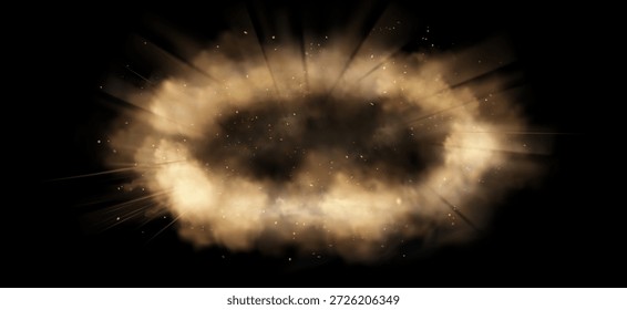 Efeito de explosão de poeira marrom sobre fundo preto. Ilustração realista de vetor de nuvem de fumaça circular com areia voadora e partículas de pedra, lama splash após forte explosão, elemento de design de interface de usuário do jogo