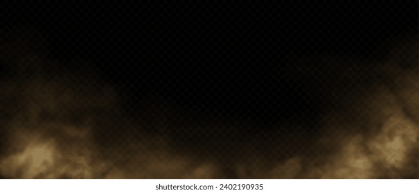 Brown dust, sand or dirt cloud on transparent background. Realistic road dust, desert storm, dirty air. Vector illustration