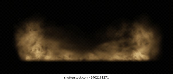 Brown dust, sand or dirt cloud on transparent background. Realistic road dust, desert storm, dirty air. Vector illustration