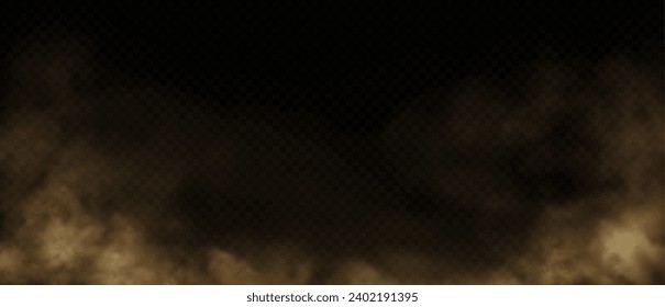 Brown dust, sand or dirt cloud on transparent background. Realistic road dust, desert storm, dirty air. Vector illustration