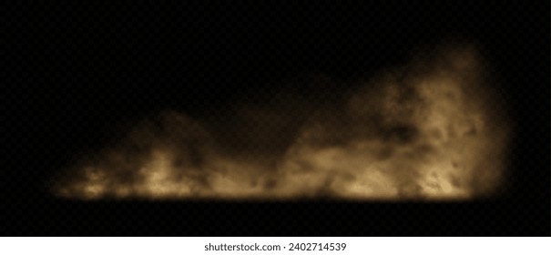 Brown dust, sand or dirt cloud on transparent background. Realistic road dust, desert storm, dirty air. Vector illustration