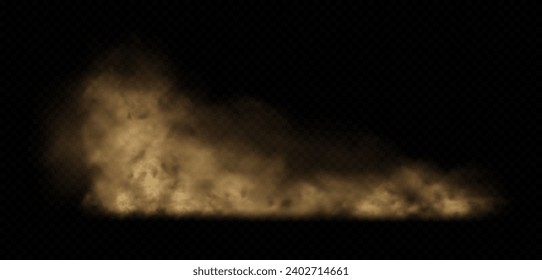 Brown dust, sand or dirt cloud on transparent background. Realistic road dust, desert storm, dirty air. Vector illustration