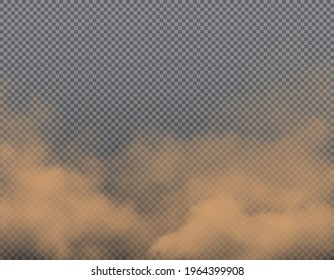 Brown dust, sand or dirt vector clouds on transparent background. Realistic road dust, sand wind of dessert storm, car smoke, dirty air with flying earth powder and dry mud particles backdrop design