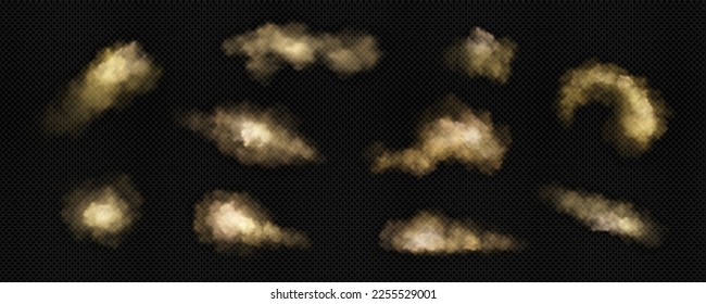 Polvo marrón, arena y nubes de humo. Efecto de la tormenta de arena, tormenta de viento en el desierto o explosión con textura de polvo de polvoriento volador, vector realista aislado sobre fondo transparente. Ilustración 3D