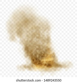 Brown dusty cloud or dry sand flying with a gust of wind, sandstorm, explosion realistic texture with small particles or grains of sand vector illustration isolated on transparent background