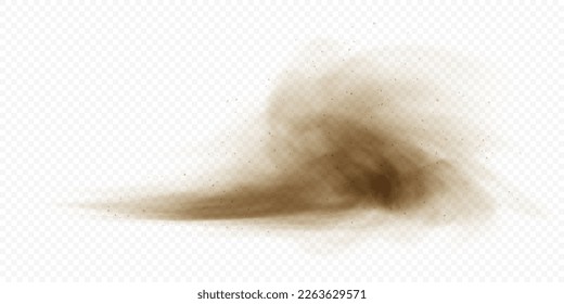 Brown dusty cloud or dry sand flying with a gust of wind. Sandstorm realistic texture with small particles or grains of sand. Vector realistic illustration