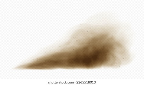 Brown dusty cloud or dry sand flying with a gust of wind. Sandstorm realistic texture with small particles or grains of sand. Vector realistic illustration.