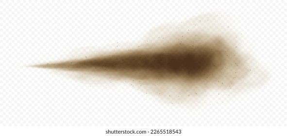 Brown dusty cloud or dry sand flying with a gust of wind. Sandstorm realistic texture with small particles or grains of sand. Vector realistic illustration on transparent background.