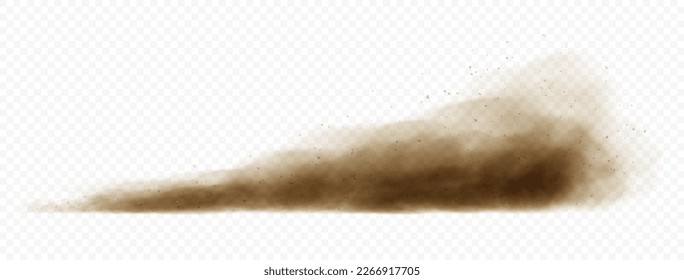 Brown dusty cloud or dry sand flying with a gust of wind. Sandstorm realistic texture with small particles or grains of sand. Vector realistic illustration.