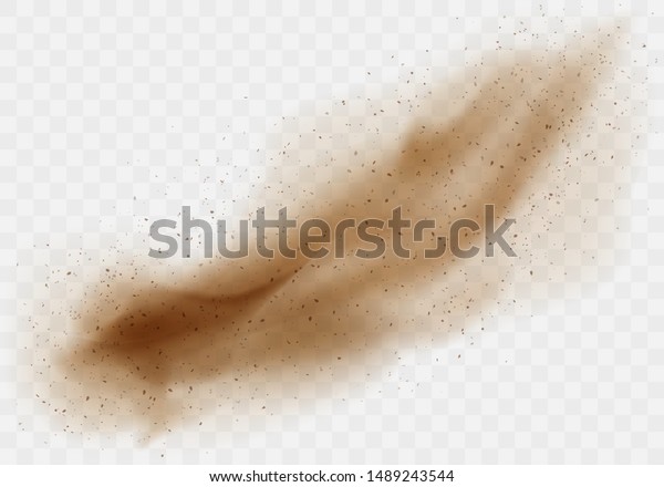 Brown
dusty cloud or dry sand flying with a gust of wind, sandstorm,
realistic texture with small particles or grains of sand vector
illustration isolated on transparent
background