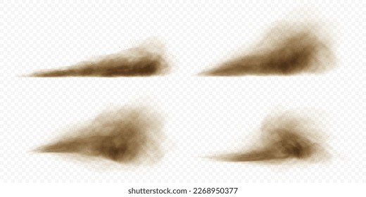 Brown dusty clouds or dry sand flying with a gust of wind. Sandstorm realistic textures with small particles or grains of sand. Vector realistic illustration