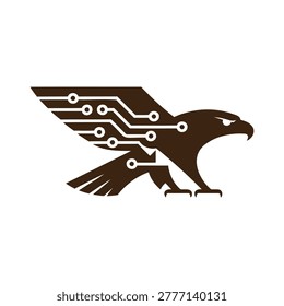 Brown eagle with circuit board design on wings and body flying