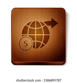 Brown Earth globe with dollar symbol icon isolated on white background. World or Earth sign. Global internet symbol. Geometric shapes. Wooden square button. Vector Illustration