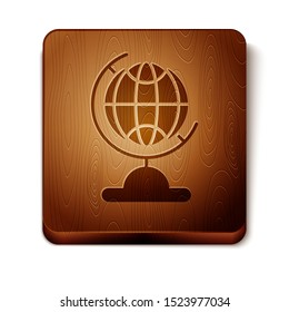 Brown Earth globe icon isolated on white background. Wooden square button. Vector Illustration