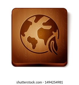 Brown Earth globe and leaf icon isolated on white background. World or Earth sign. Geometric shapes. Environmental concept. Wooden square button. Vector Illustration