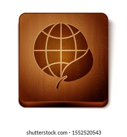 Brown Earth globe and leaf icon isolated on white background. World or Earth sign. Geometric shapes. Environmental concept. Wooden square button. Vector Illustration