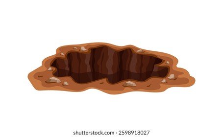 Brown earth hole with rough edges, small rocks, and clean backdrop, showing ground detail.