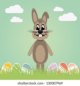 brown easter bunny lawn and colorful eggs